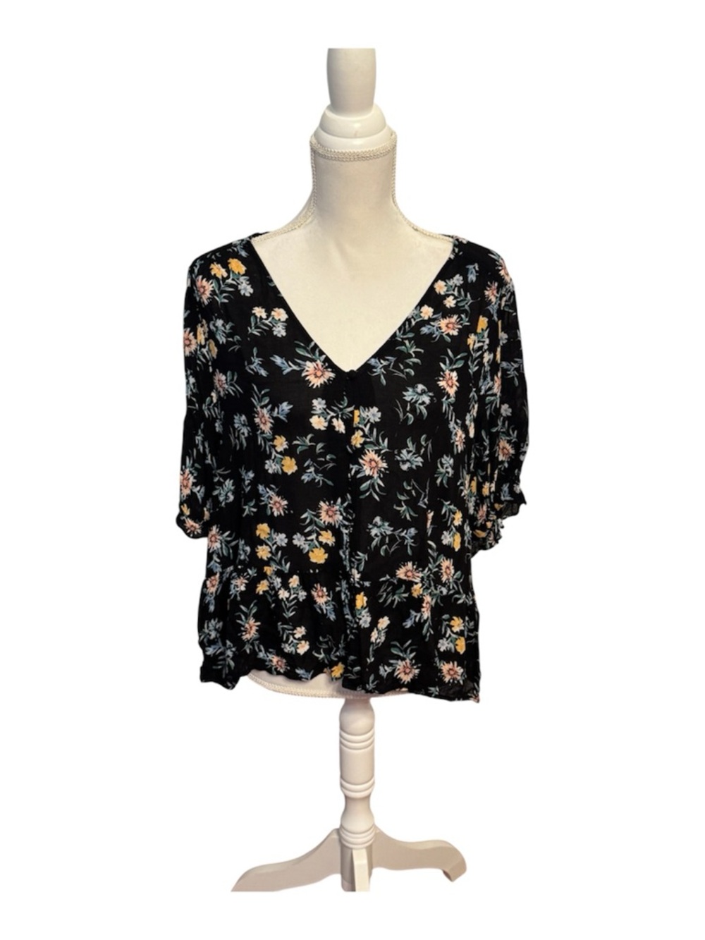 Lucky Brand Black Floral Sheer V-Neck 3/4 Sleeves Peplum Blouse Size XL